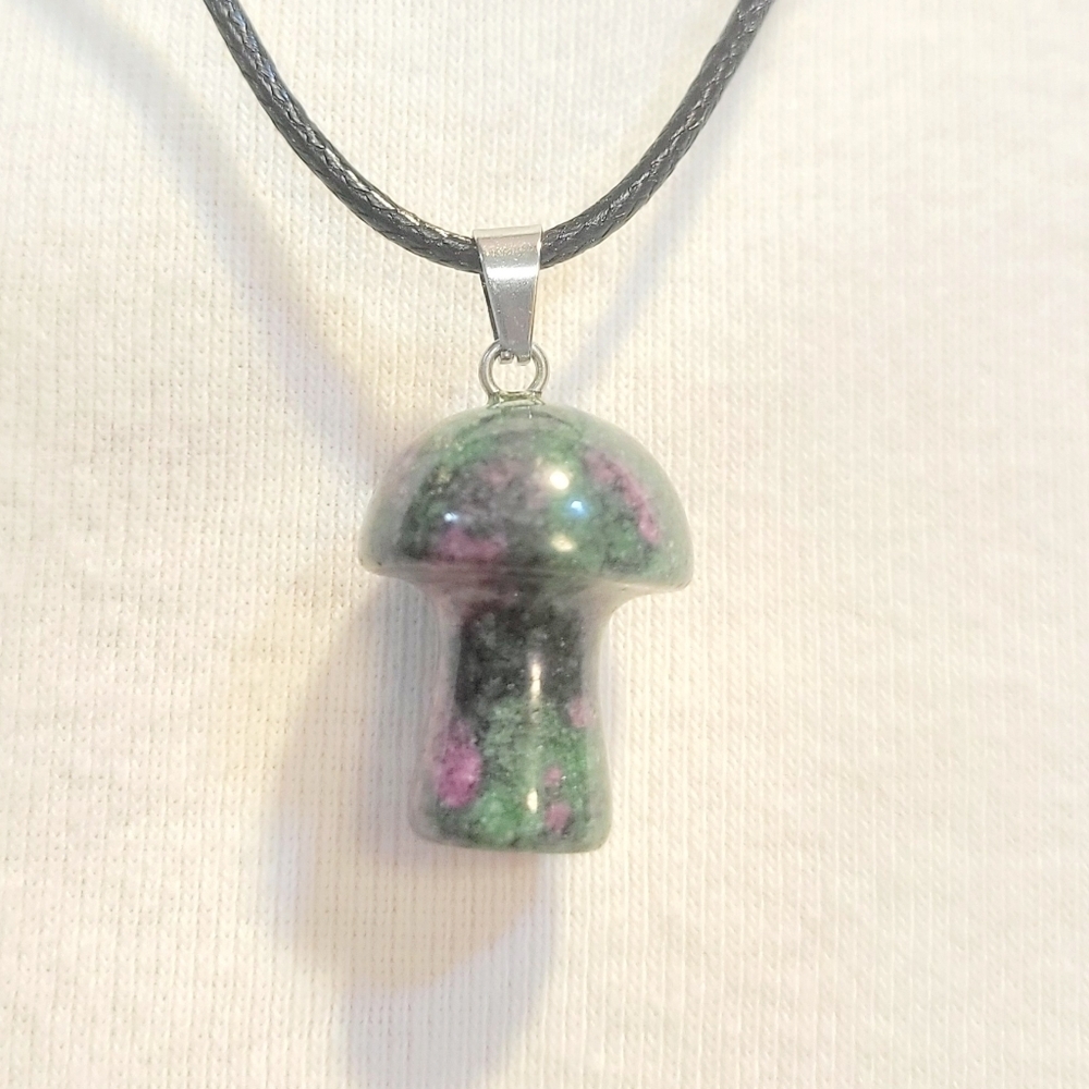 Natural Ruby Zoisite 1/2" Mushroom Crystal Pendant Necklace - Picture 4 of 5